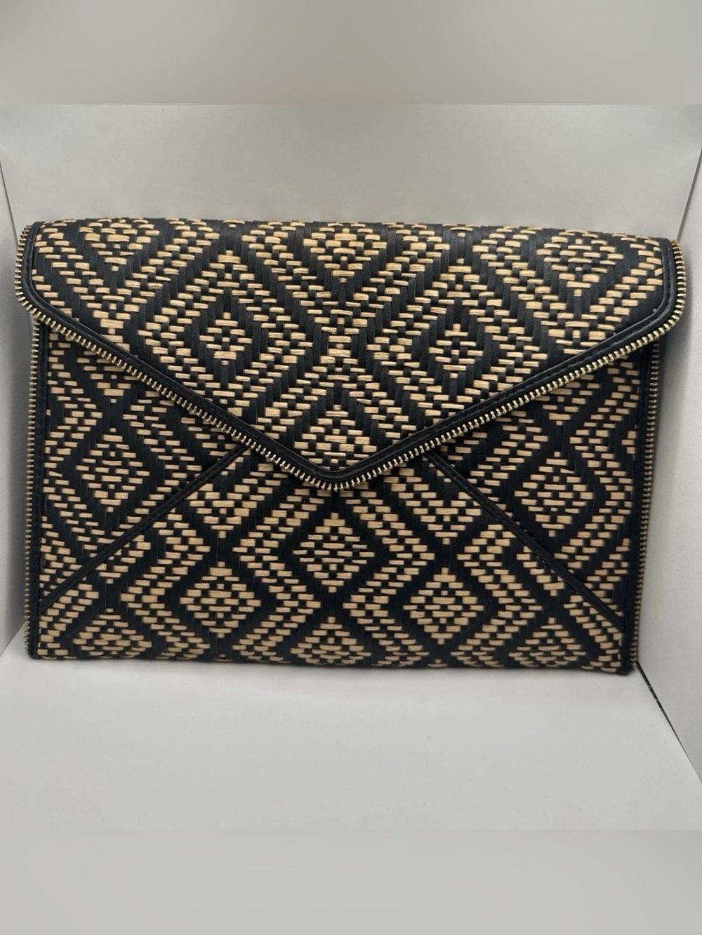Rebecca Minkoff Black and Beige Woven Envelope Clutch with Zip Trim NWT